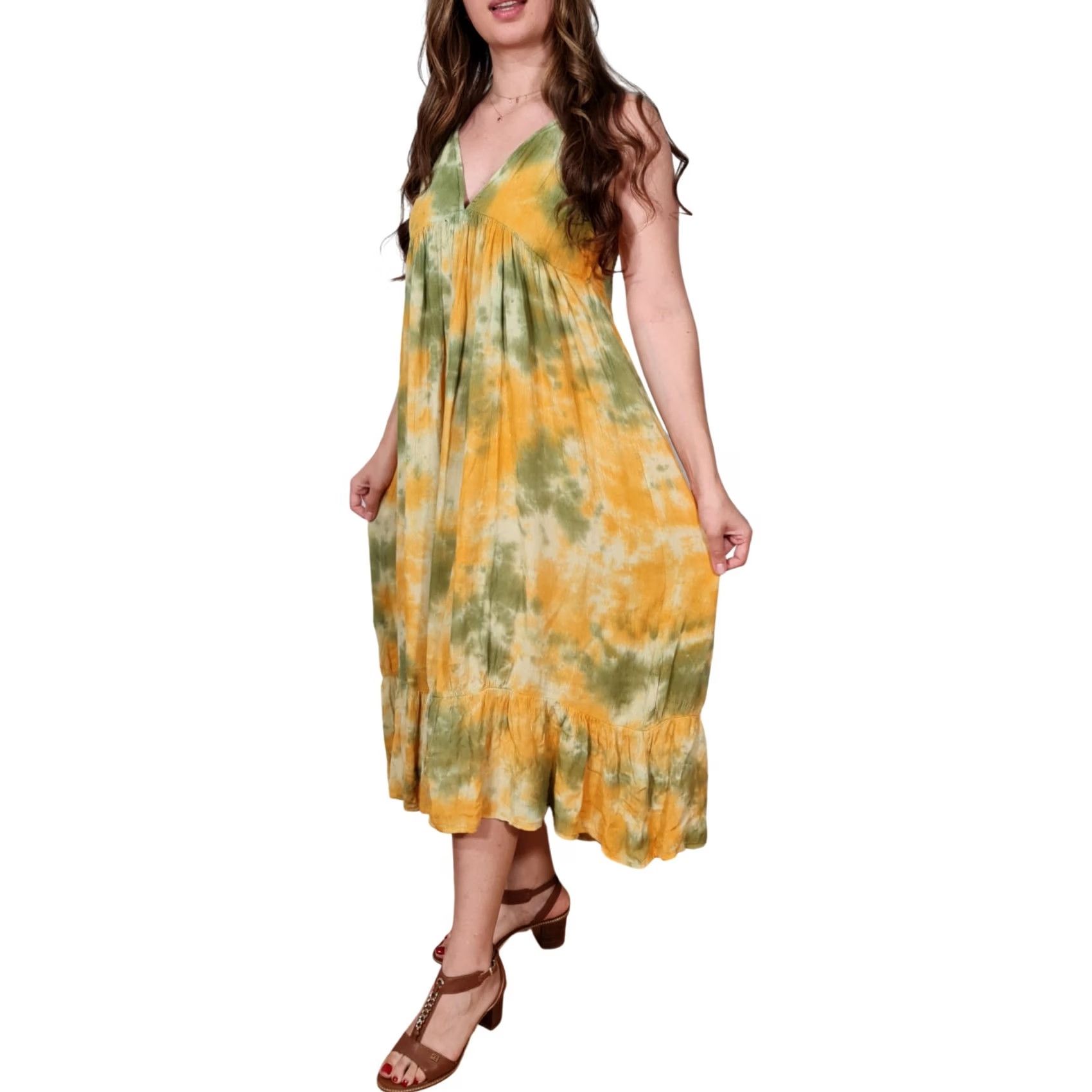 Vintage Pull&Bear Womens Midi Dress Yellow Tie Dye Tiered Sleeveless V-Neck Pullover L UK12 EUR40 Casual Party/Cocktail Travel Womens Size L / US 10 / IT 46 - 2 Thumbnail