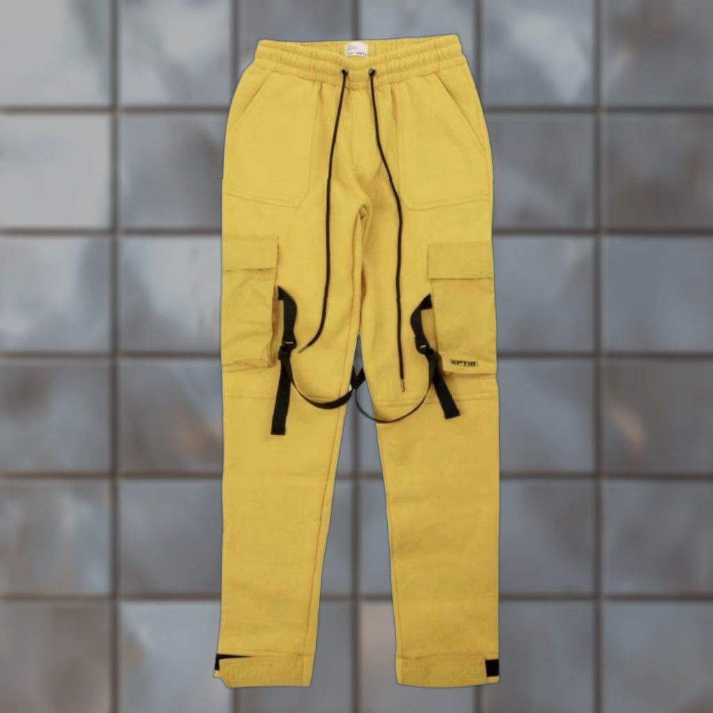 Vintage EPTM Mustard Yellow Black Straps Cargo Drawstring Slim Fleece Track Sweatpants S Men Regular Pants Sweatpants Slim 30-34 Inseam 32 Velcro Straps Size US 29 - 1 Thumbnail