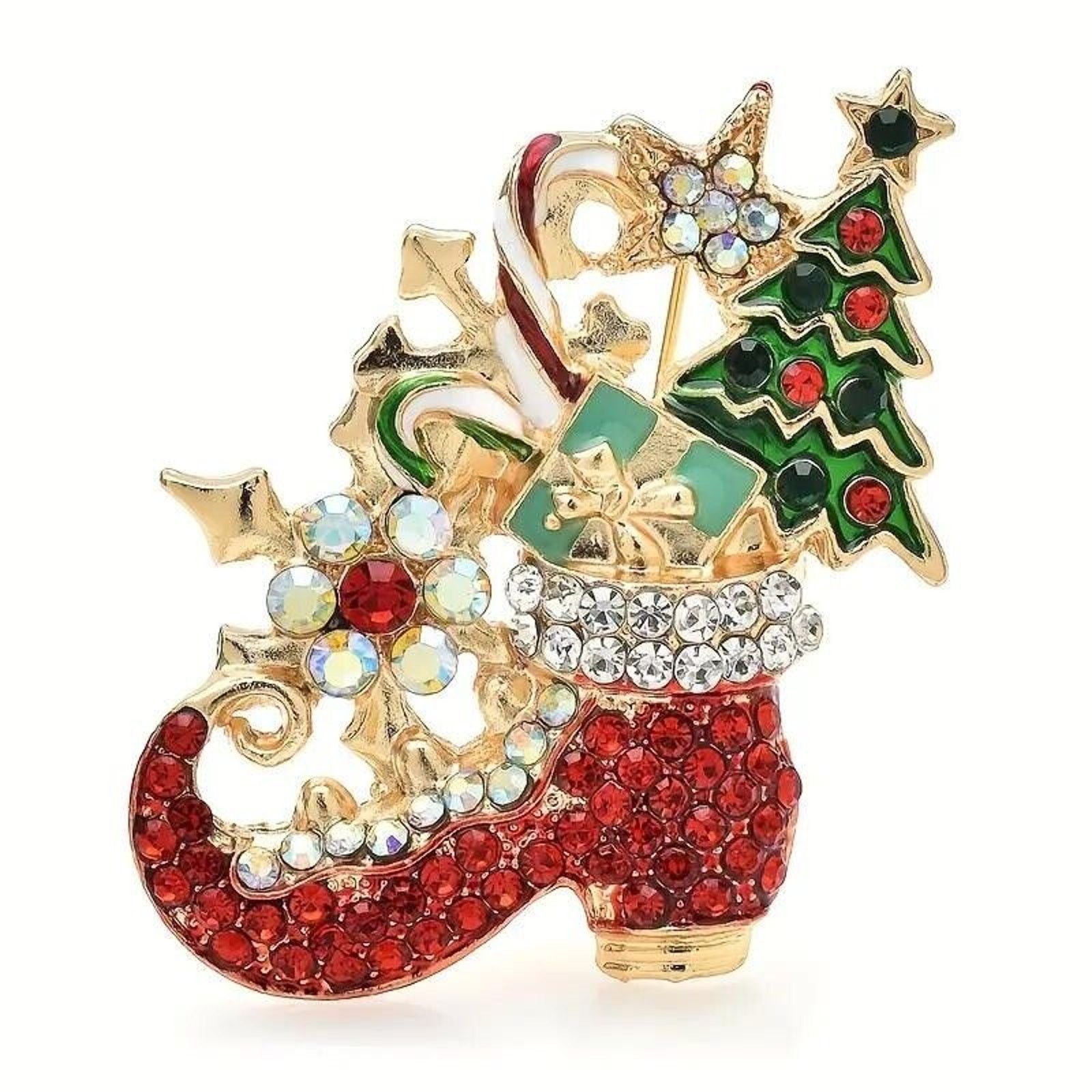 Other Santa's Elf Boot Christmas Rhinestone Brooch Red Green Clear Size ONE SIZE - 3 Thumbnail