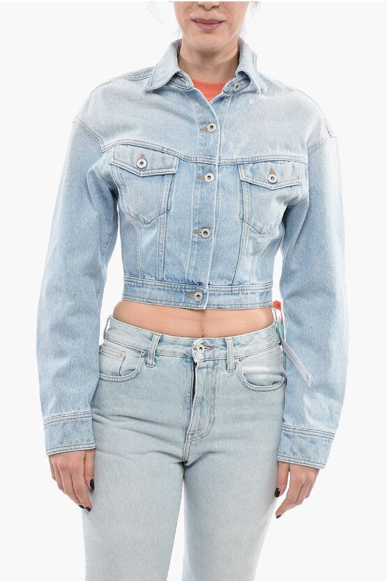 image of Off White Cropped Toybox Denim Jacket in Blue, Women's (Size XS)