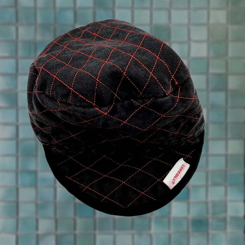 Vintage Comeaux Hat Cap Mens M Black Quilted Red Stitching Short Brim Flat Cap Geometric Motorcycle Outdoor Casual Workwear Front Brim Mens Size US 31 - 1 Thumbnail