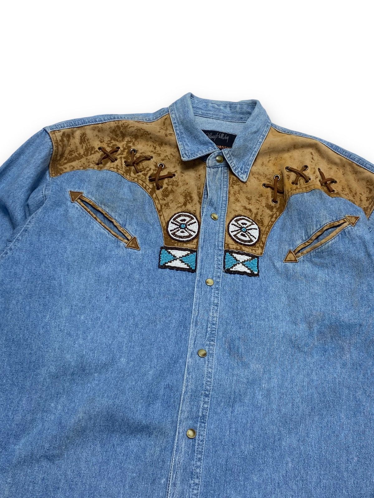 Vintage 90s Vintage JOHNNY HALLYDAY Denim Cowboy Style Shirt Size US L / EU 52-54 / 3 - 2 Thumbnail
