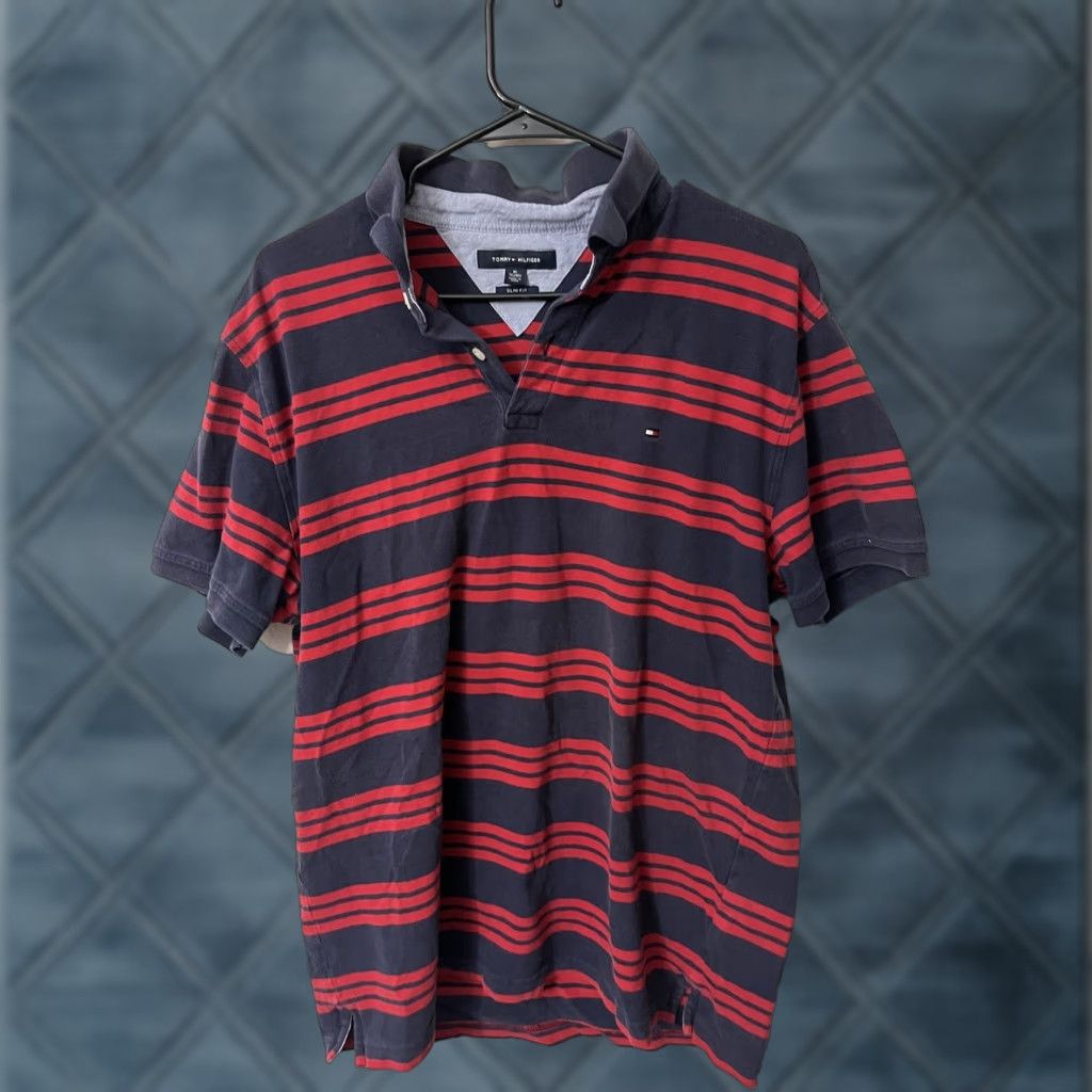 Tommy Hilfiger Tommy Hilfiger Polo Shirt Short Sleeve XL Slim Fit Red Blue Striped Mens Shirt XL Red/Blue Size US XL / EU 56 / 4 - 1 Thumbnail
