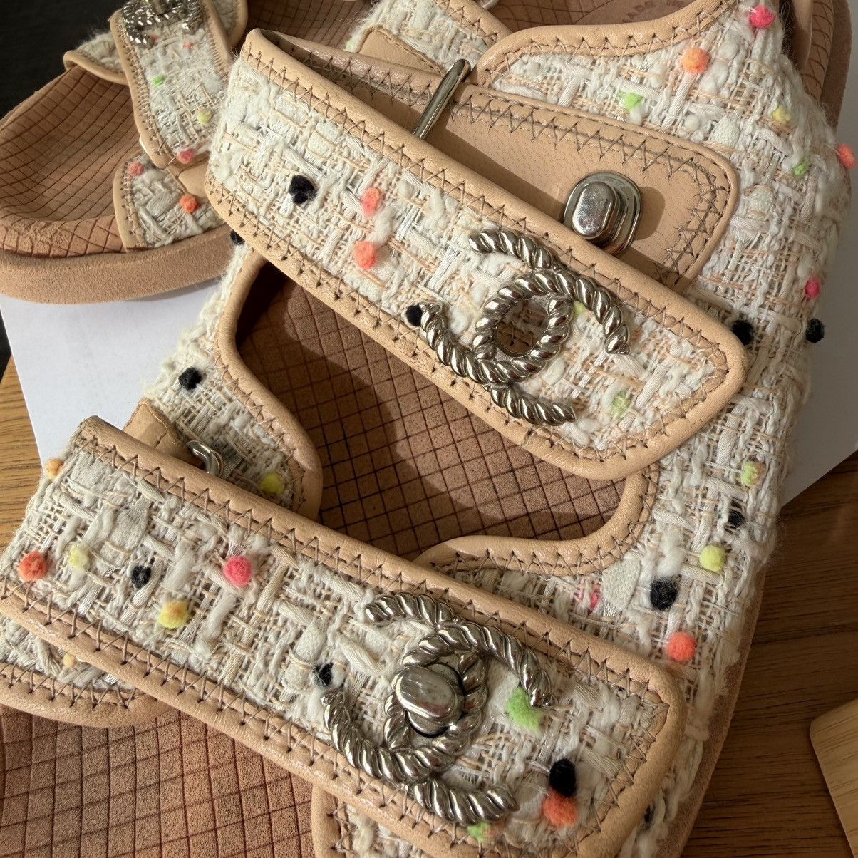 Chanel Authenticity Certificate✅ Chanel Tweed Dad Sandals 💕 Size US 8 / IT 38 - 9 Thumbnail