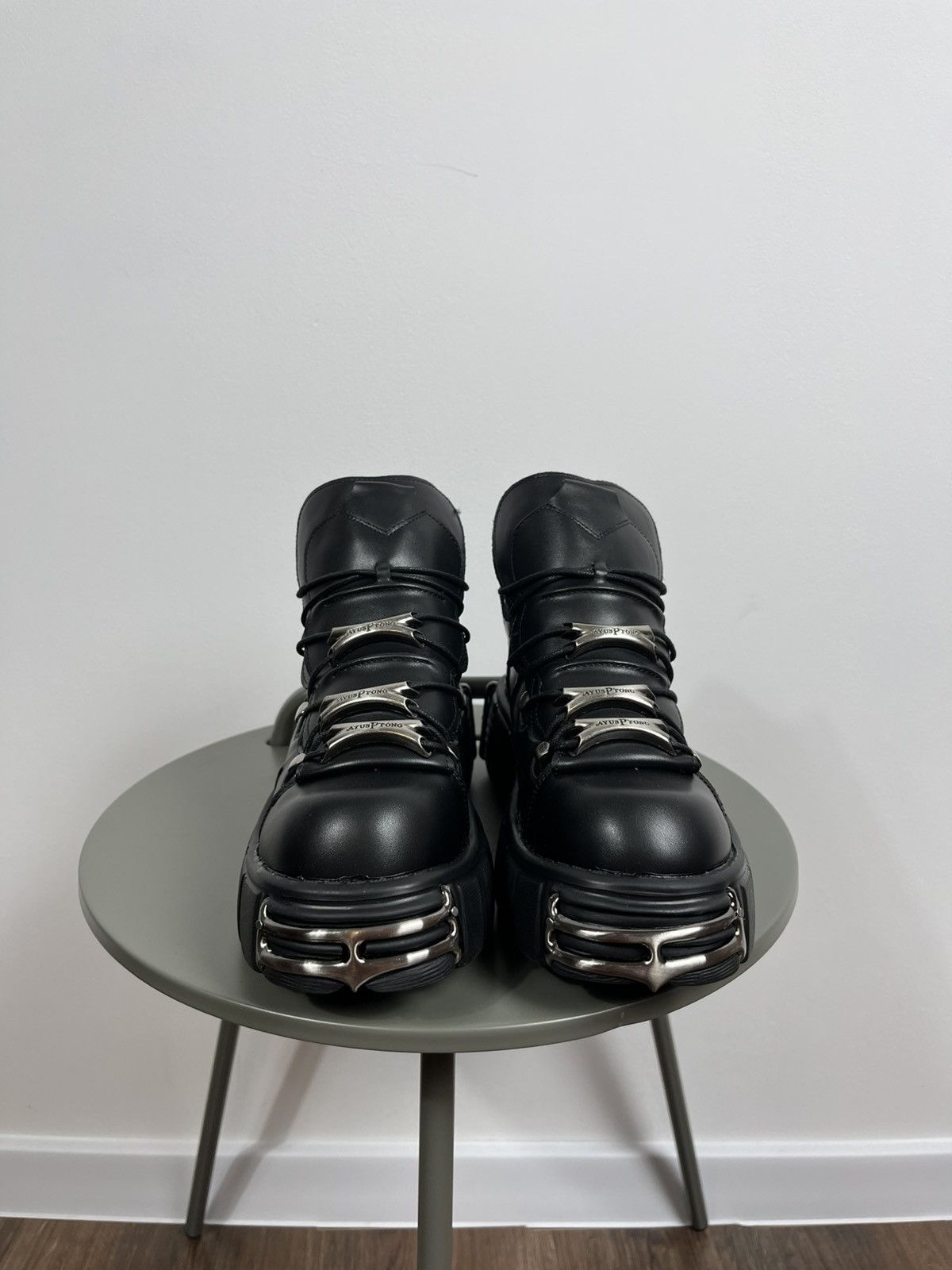 Japanese Brand Black Platform Boots with Metal Details Gothic Cyber Punk Size US 9.5 / EU 42-43 - 3 Thumbnail