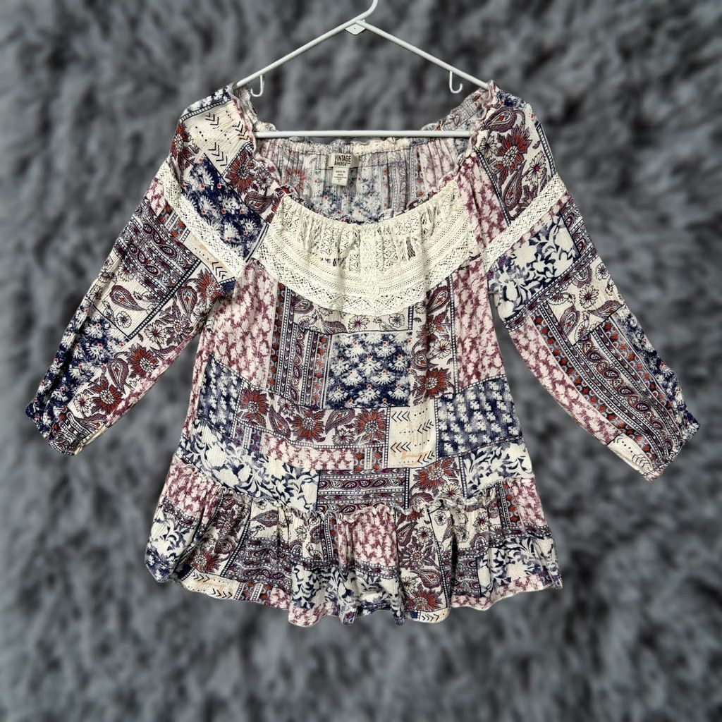 Vintage VINTAGE America Blues Tunic Top S Boho Patchwork Lace Peasant Hippie Retro 70s Blouse 3/4 Sleeve Womens Menos? Size S / US 4 / IT 40 - 1 Thumbnail