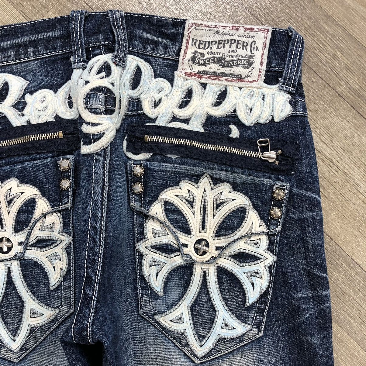 If Six Was Nine × Le Grande Bleu (L.G.B.) × Tornado Mart Y2K Red Pepper Distressed Embroidered Faded Denim Pants Size US 33 - 4 Thumbnail