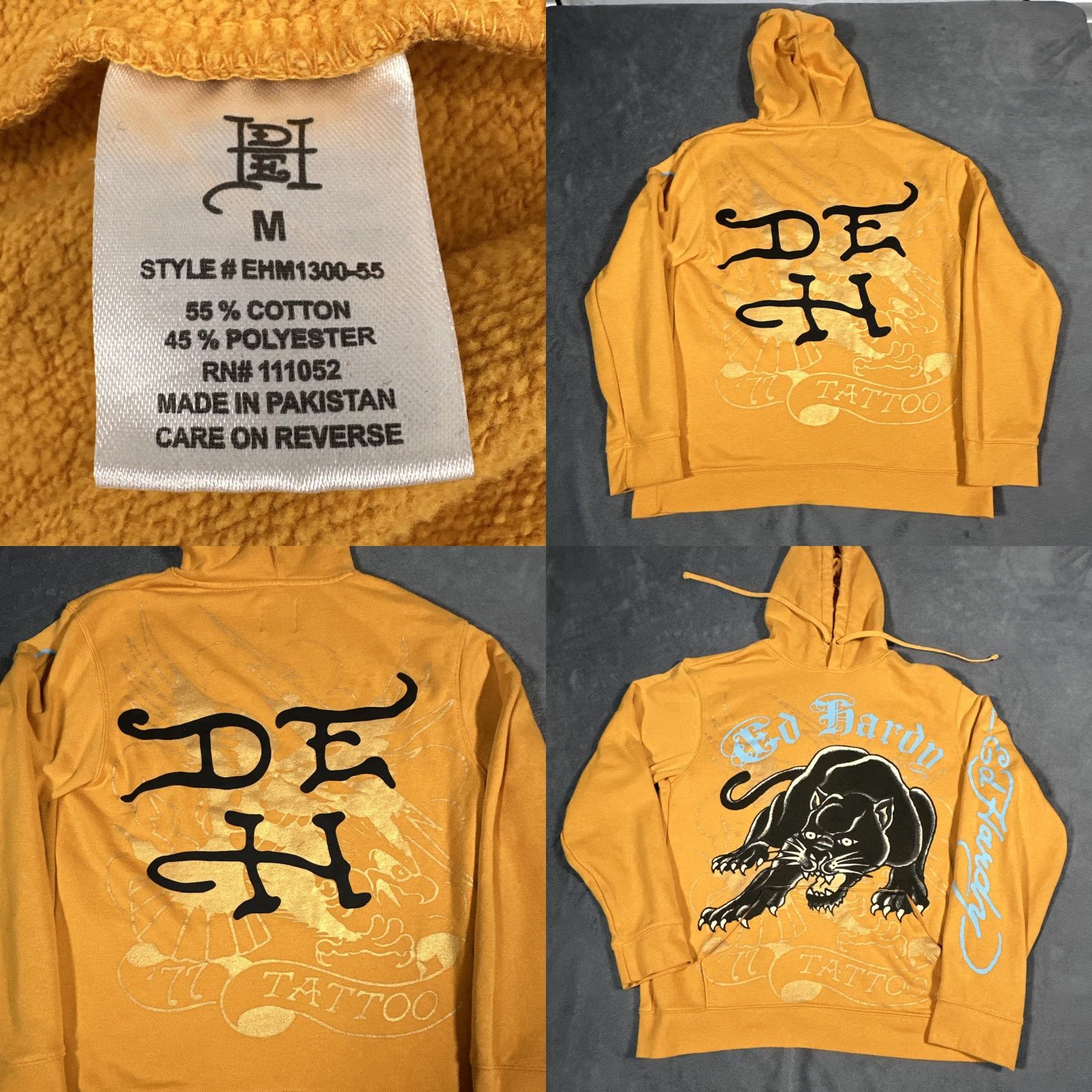 Ed Hardy Ed Hardy Hoodie Mens Medium Yellow Panther Tattoo Graphic DEH Fleece Pullover Size US M / EU 48-50 / 2 - 8 Thumbnail