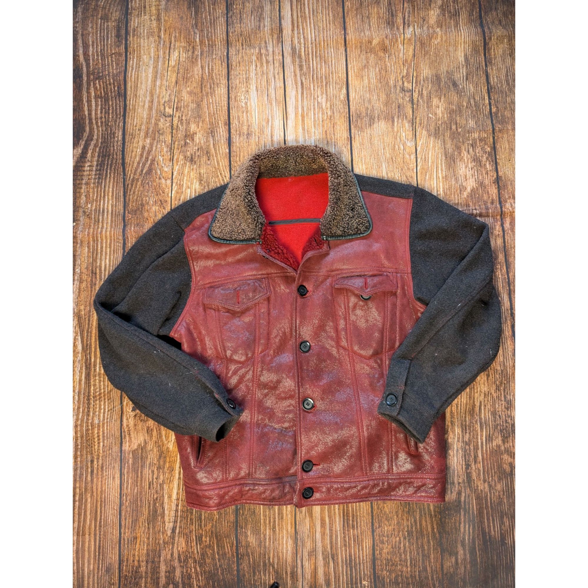 Vintage Umberto Bilancioni Mens Red Leather Jacket W/ Wool Sleeves & Size US L / EU 52-54 / 3 - 1 Thumbnail
