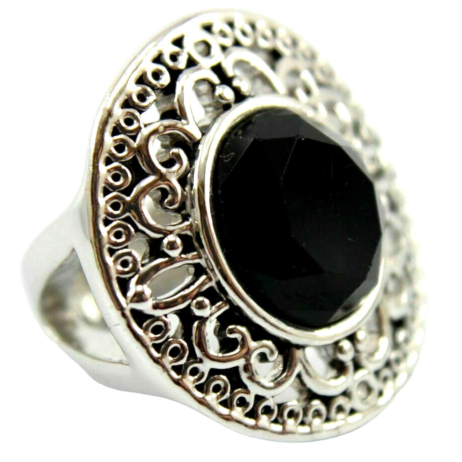 The Unbranded Brand Elegant Detailed Filigree Silvertone Ring Faux Onyx • Size 5 Size ONE SIZE - 1 Thumbnail