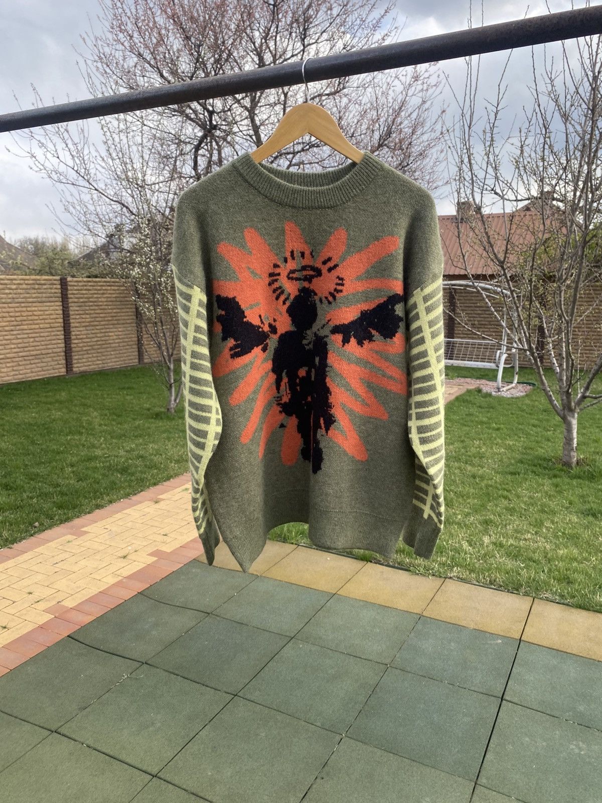 Vintage Green graphic knit sweater angel print, oversized pullover Size US L / EU 52-54 / 3 - 1 Thumbnail