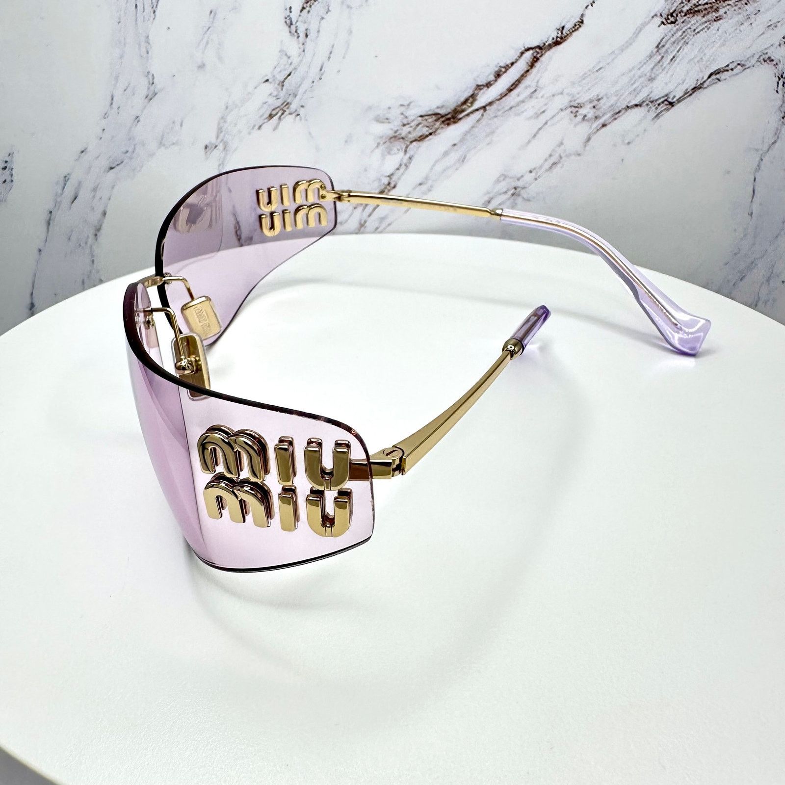 New MIU MIU Sunglasses Gold Pink Wrap AUTHENTIC Runway 2025