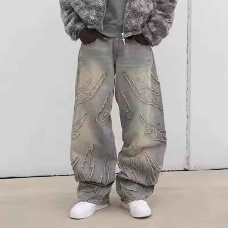 Jean Flame Embroidery Baggy Stacked Jeans Pants Size US 29 - 2 Thumbnail