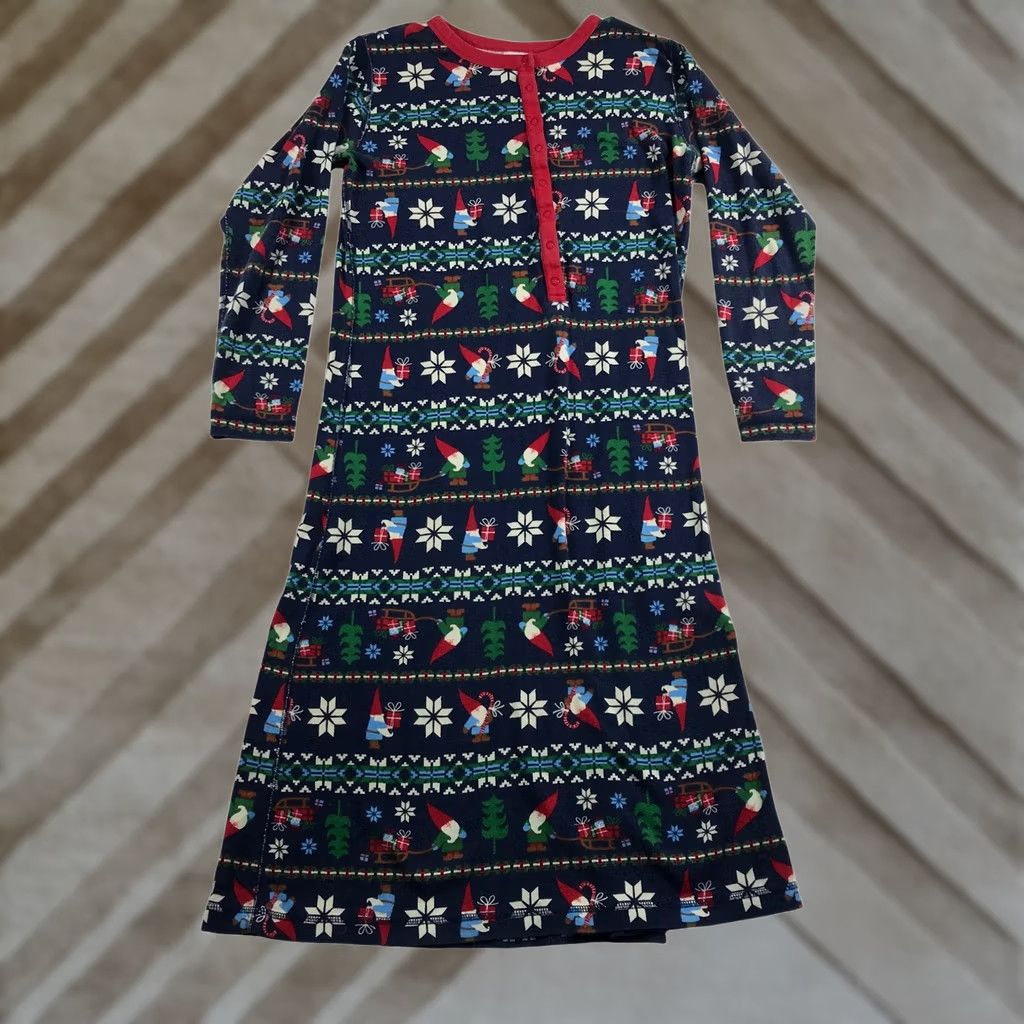 Vintage Hanna Andersson Womens Nightgown Organic Cotton Gnome Fair Isle Christmas Navy S Nightgown Dress Long Sleeve Henley Button Winter Holiday Womens Size ONE SIZE - 1 Thumbnail