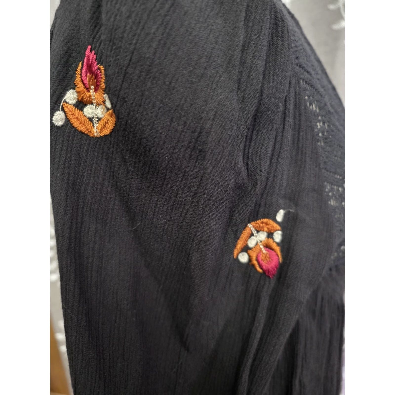 Free People Mini Dress Black Embroidered Boho Peasant Womens Size S Long  Balloon Sleeve Scoop Neck
