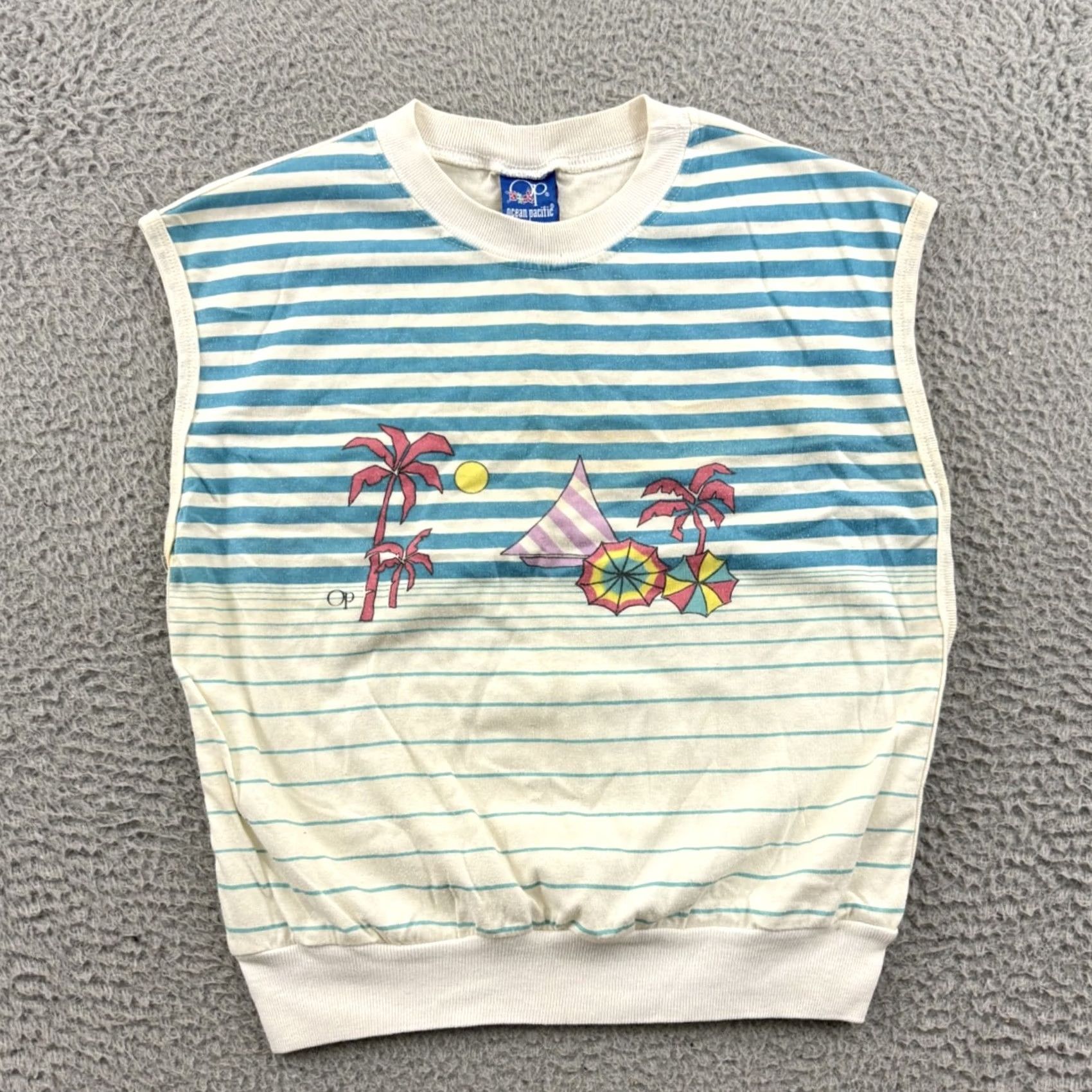 Ocean Pacific VINTAGE Ocean Pacific Shirt Womens M Striped Sleeveless Top 80s Beach Surf White Cotton Polyester Ocean Pacific Ballistic Size M / US 6-8 / IT 42-44 - 2 Thumbnail