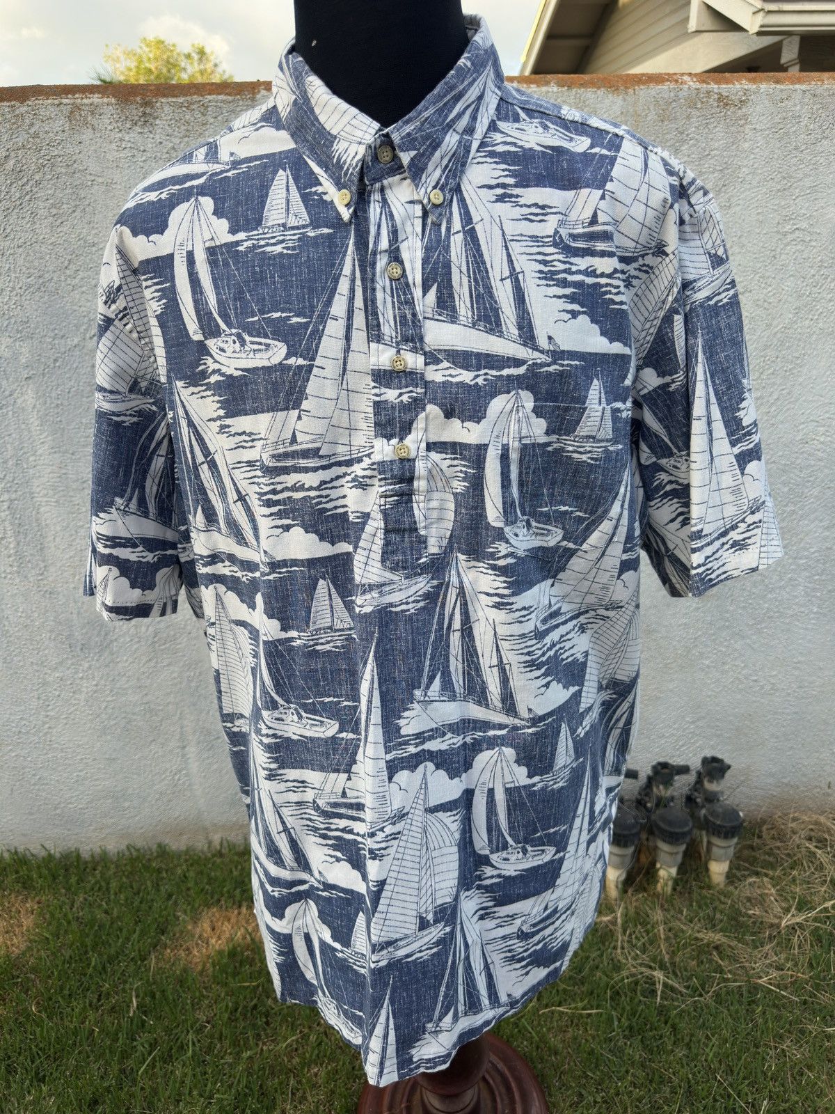 Reyn Spooner Hawaiian Print Blue/White 3/4 Button Men's 2XL