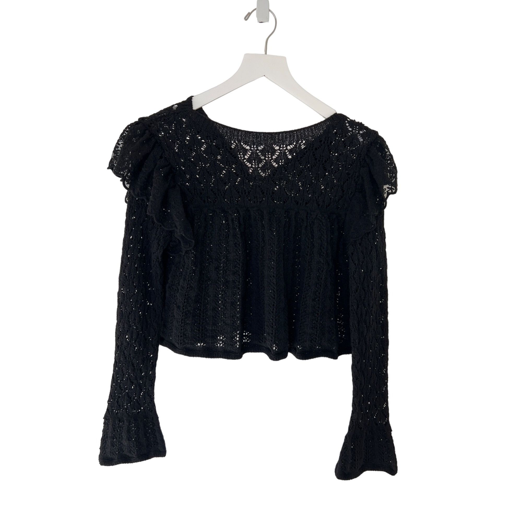 Zara Zara Black Pointelle Ruffle Long Sleeve Semi Crop Top Size S / US 4 / IT 40 - 9 Thumbnail