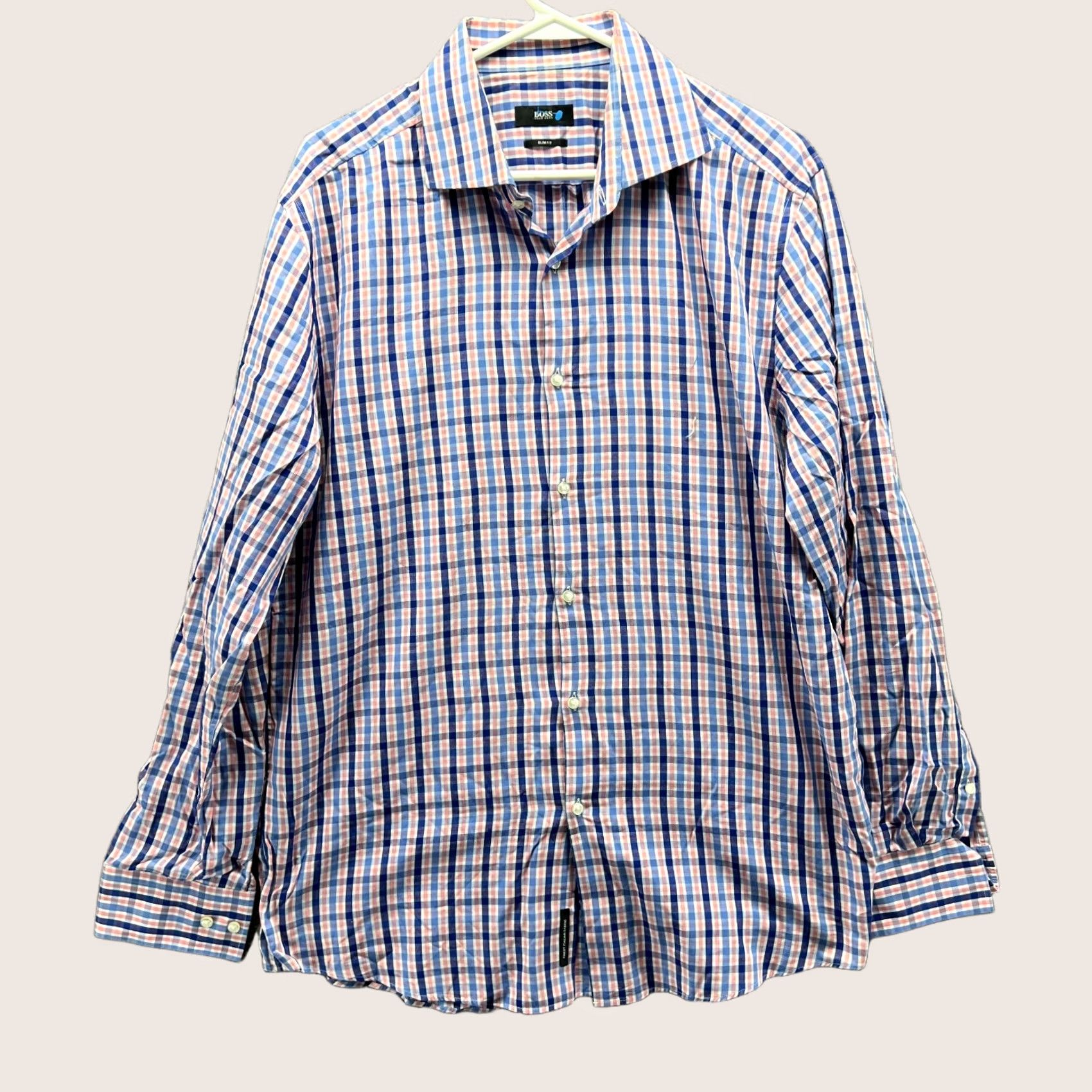 Hugo Boss HUGO BOSS Shirt Mens 17.5/44 Blue Pink Button Down Gingham Slim Fit Preppy Plaid Check" Size US XXL / EU 58 / 5 - 1 Thumbnail
