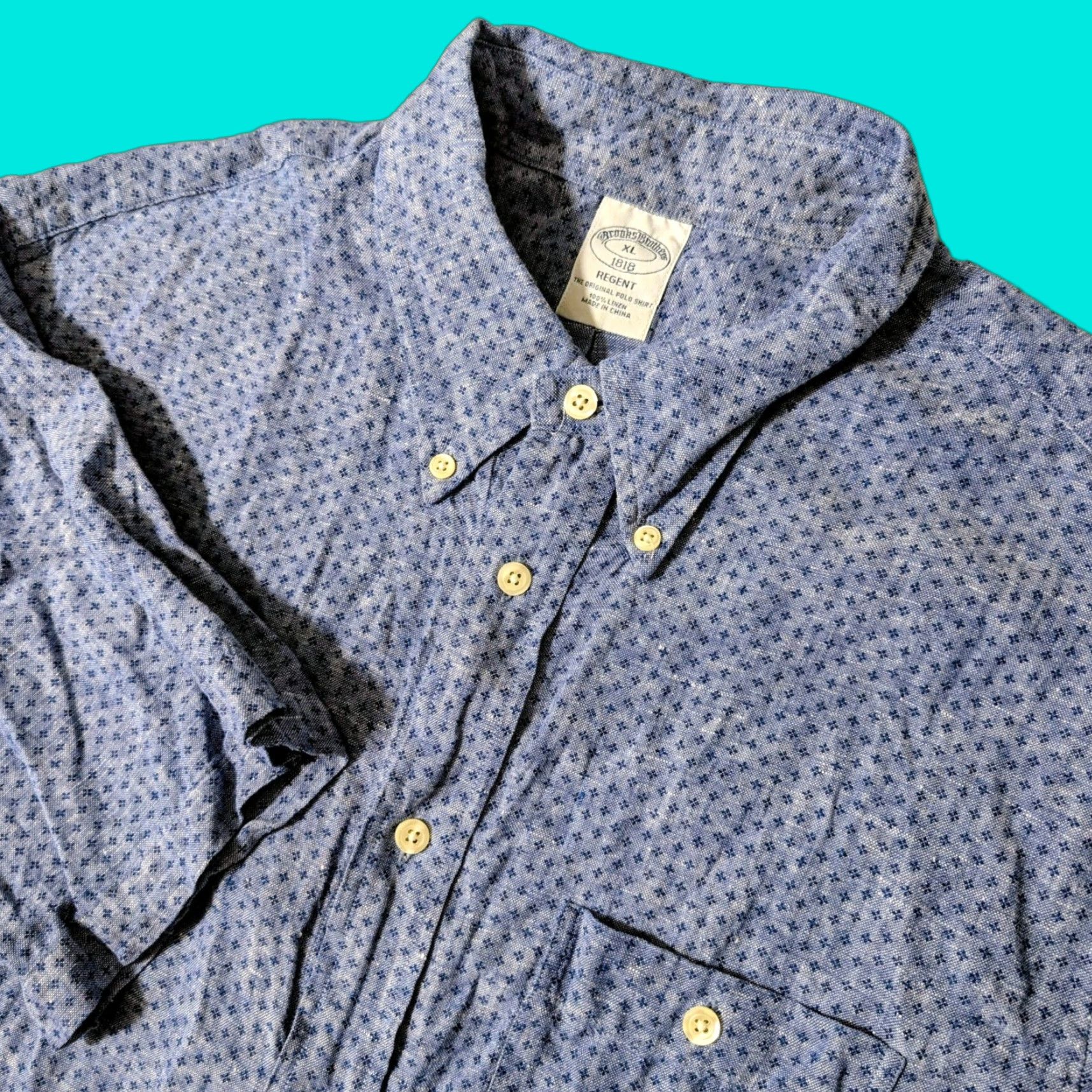 Brooks Brothers Brooks Brothers Button-Down Shirt Mens XL Blue 100% Linen Regent Short Sleeve Geometric Pattern Button-Up Collar 1818 Regent Size US XL / EU 56 / 4 - 1 Thumbnail