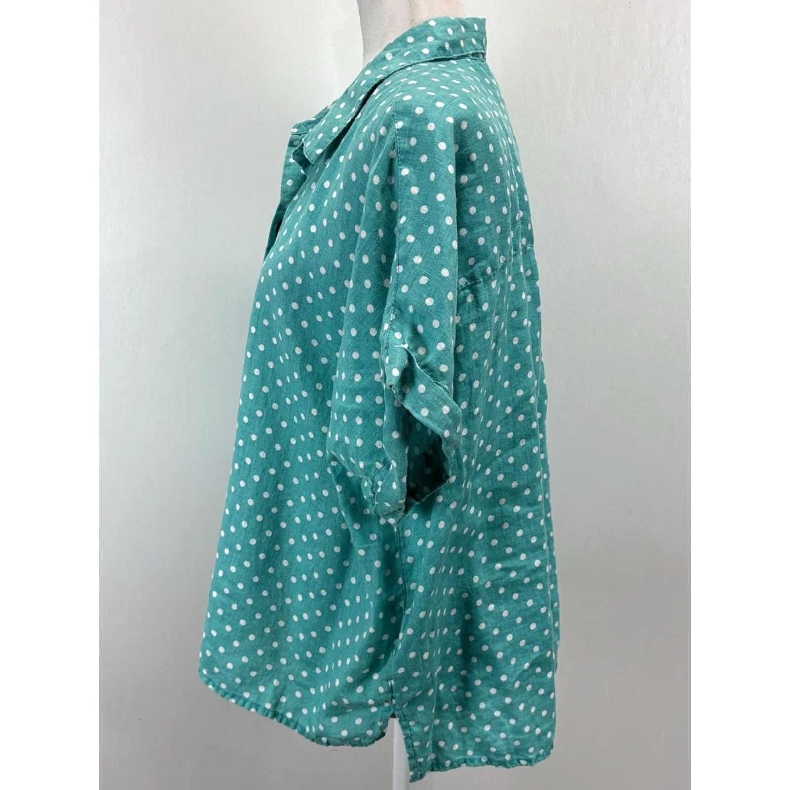 X-LARGE RACHEL Rachel Roy Women's Turquoise Linen Button-Up Shirt X-Large Polka Dot Short Sleeve Size XL / US 12-14 / IT 48-50 - 2 Thumbnail