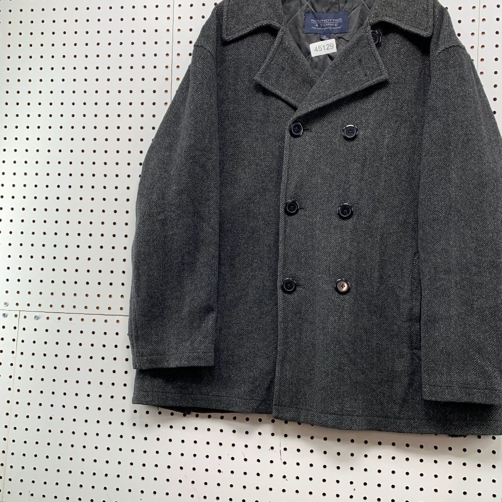 Roundtree & Yorke VINTAGE Roundtree Yorke Wool Tweed Coat Men XL Gray Double Breasted Herringbone Pea Coat Size US XL / EU 56 / 4 - 3 Thumbnail