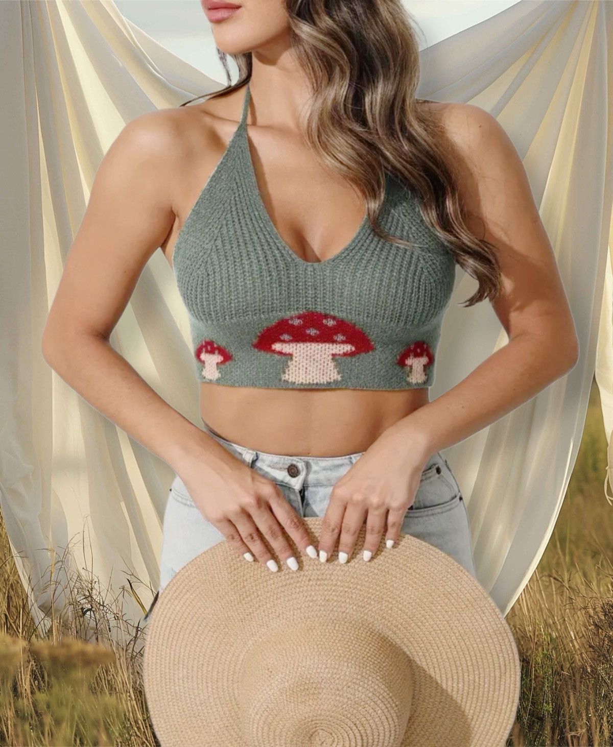 Handmade knit olive mushroom halter crochet festival tank daisy EDC Size ONE SIZE - 11 Thumbnail