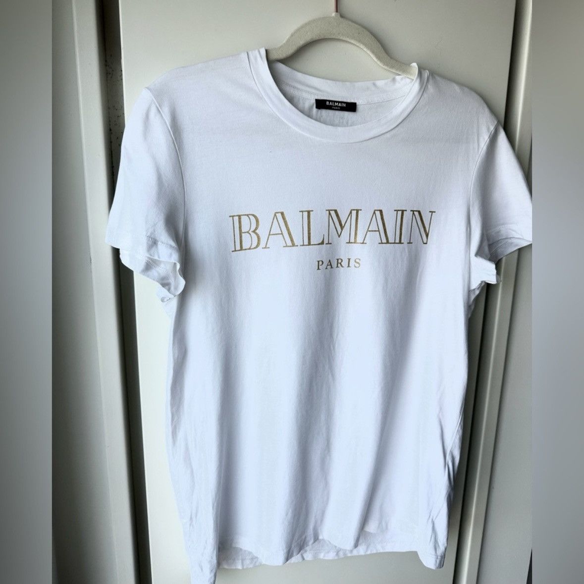 image of Balmain T-Shirt With Golden Logo in White, Men's (Size Small)