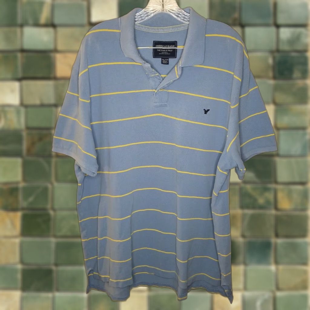 American Eagle Outfitters AMERICAN EAGLE Striped Polo Shirt Mens 2XL Blue Yellow Short Sleeve Size US XXL / EU 58 / 5 - 1 Thumbnail