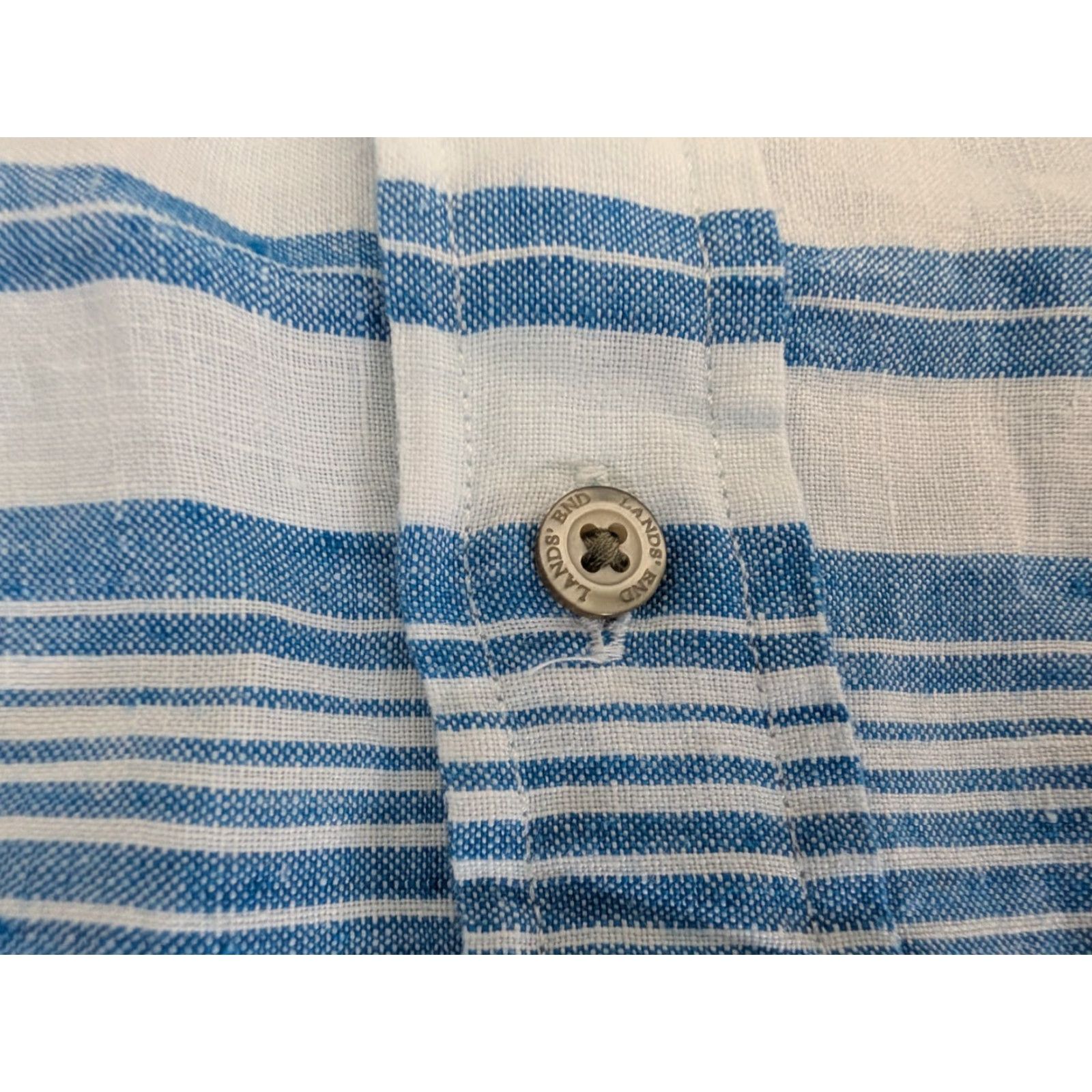 Lands' End Lands' End Button-Up Shirt Mens M Linen Short Sleeve Striped Blue White VGUC Trad Fit Size US M / EU 48-50 / 2 - 4 Thumbnail