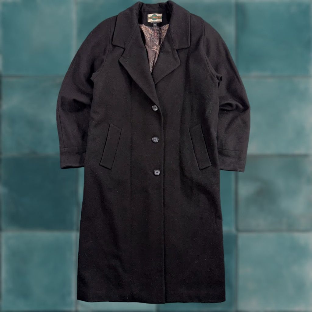 Brooks VINTAGE Out Brook Coat Wool Black Long Button Up Woman's 12 80s 90s City Classic Designer 90s Womens Overcoat Tweed Lined Pockets Buttoned Coat Size XL / US 12-14 / IT 48-50 - 1 Thumbnail