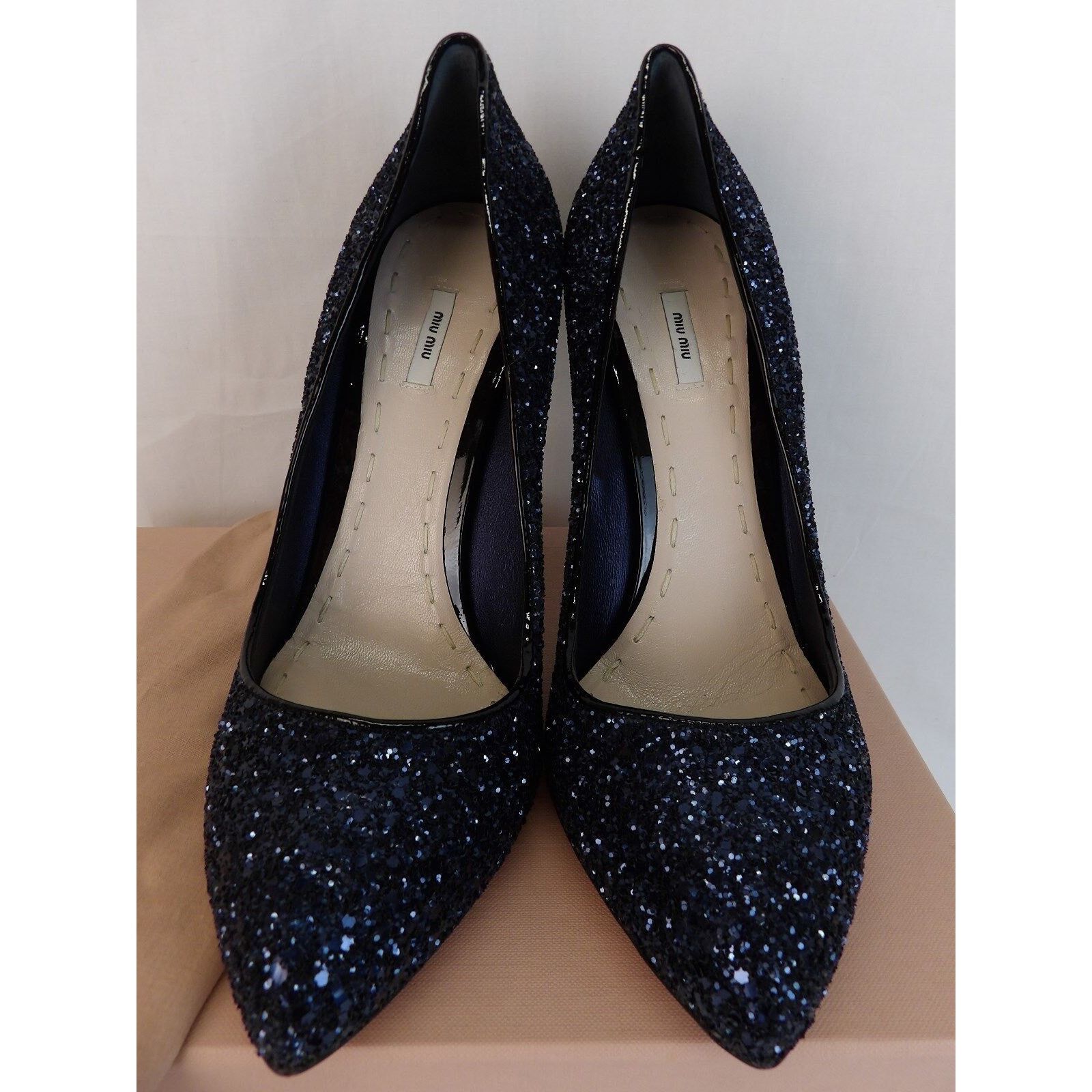Miu Miu DARK NAVY GLITTER BLACK PATENT LEATHER HEEL PUMPS 40.5 ITALY Size US 10.5 / IT 40.5 - 9 Thumbnail