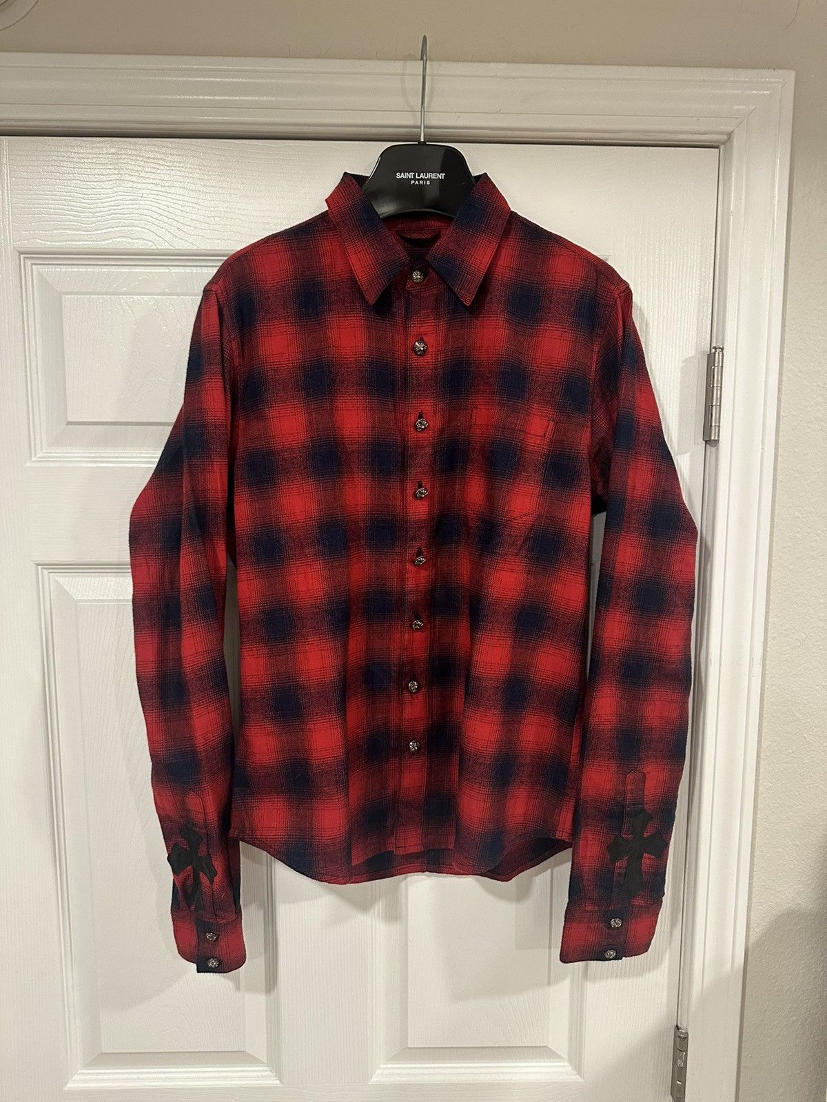 image of Chrome Hearts Ch Leather Patch Shadow Plaid Flannel in Red, Men's (Size Small)