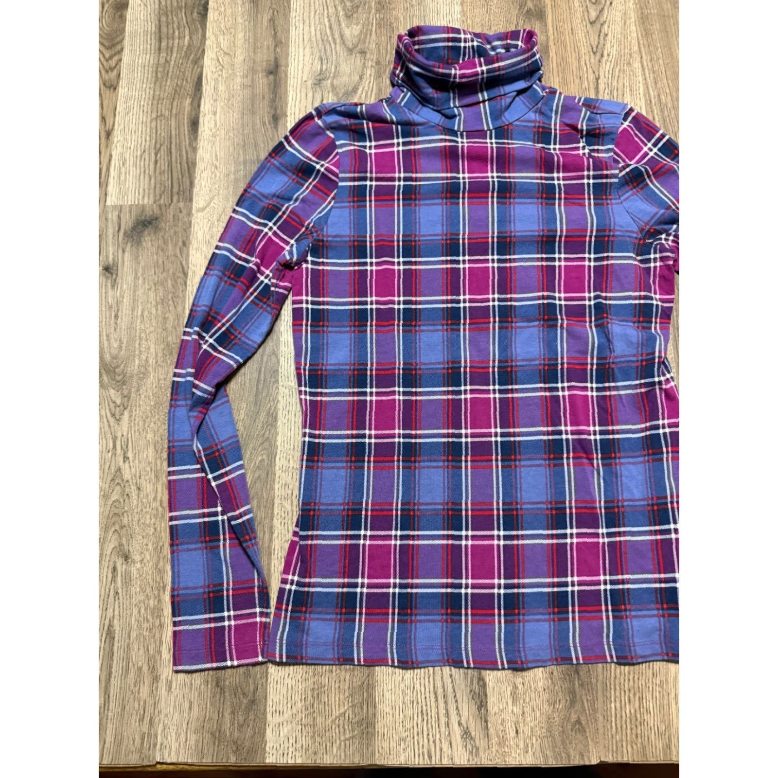 Lands' End Lands' End Shirt Womens Small Purple Plaid Red White Blue Turtle Neck Shaped Fit Size S / US 4 / IT 40 - 3 Thumbnail