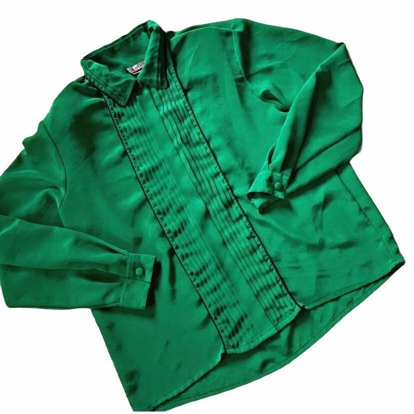 Vintage Vintage Shamrock Green Spring Vertical Pleated Blouse 16 Size XXL / US 16-18 / IT 52-54 - 1 Thumbnail