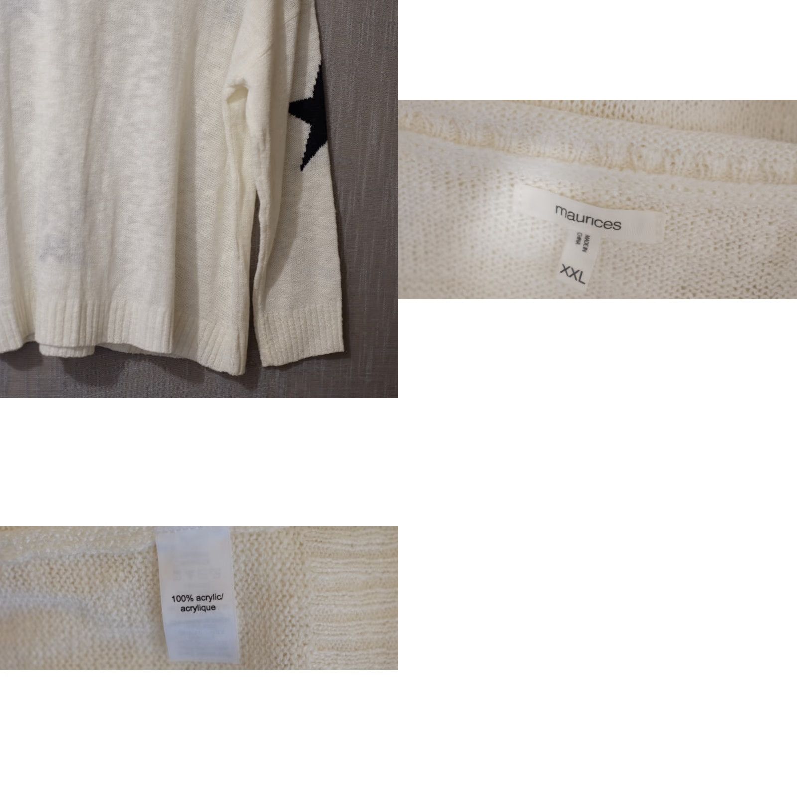 Vintage Maurice’s Sweater White/Black Star Knit Pullover Women's XXL Lightweight Sheer Nwot! Stars Reg/Plus Size (H96-10) Size XXL / US 16-18 / IT 52-54 - 8 Thumbnail