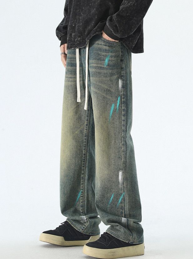 Japanese Brand Men's loose straight ink-splashed versatile casual jeans Size US 32 / EU 48 - 2 Thumbnail