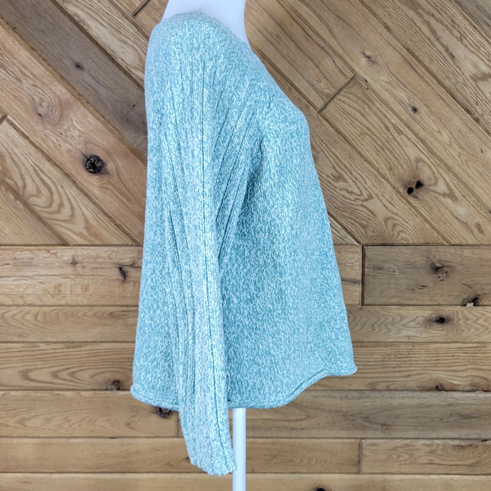 J. Jill J. Jill Womens Petite L Pullover Sweater Green White Long Sleeve Boat Neck Knit Polyester Blend Lightweight Casual Mens Womens Girls Boys Size L / US 10 / IT 46 - 3 Thumbnail