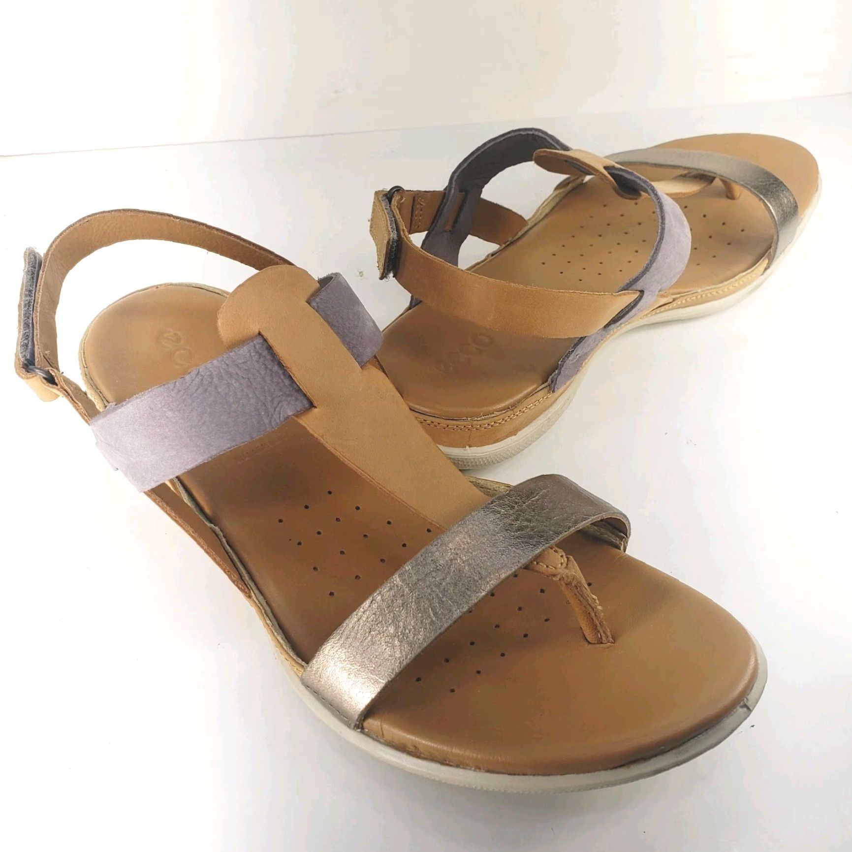 Ecco ECCO Strappy Slingback Slip On Sandals Tan Gray Metallic Silver EU 40 US 9/9.5 Leather Casual to Dressy Comfort Women Slippers Sandals Size US 9 / IT 39 - 3 Thumbnail