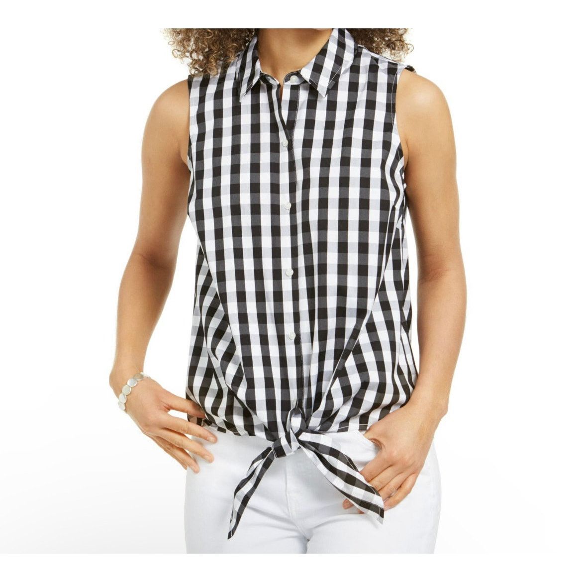 Other Charter Club Women gingham Black White Print Tie Hem Shirt Size M / US 6-8 / IT 42-44 - 1 Thumbnail