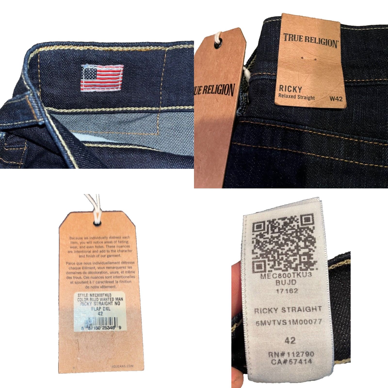 True Religion True Religion Ricky Straight Jeans 42x34 Dark Wash Mens Regular 42 Blue Denim Stretch USA Logo Pocket Zipper Button Casual Straight Mens Size US 42 / EU 58 - 9 Thumbnail
