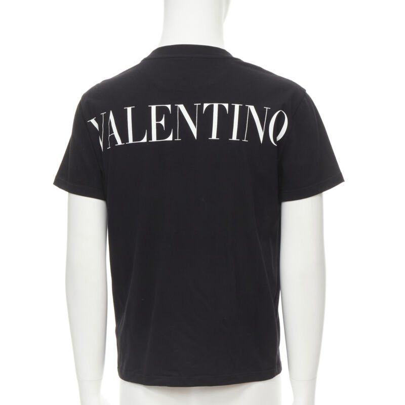 VALENTINO floral lace breast pocket white logo black cotton tshirt S