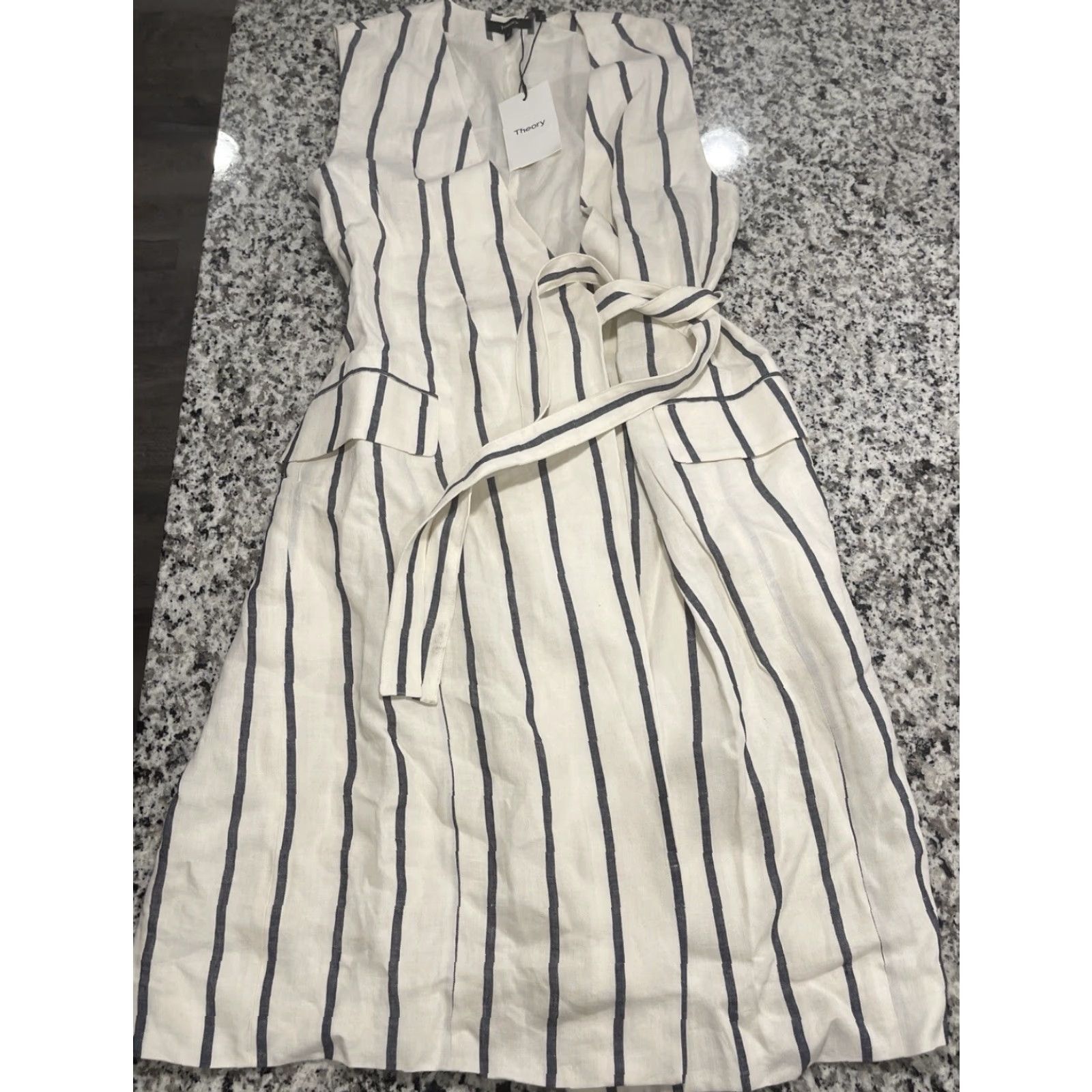 Theory Theory Dress Womens Size 10 White and Blue Linen Striped Wrap Sleeveless Knee-Length NWT Size L / US 10 / IT 46 - 2 Thumbnail