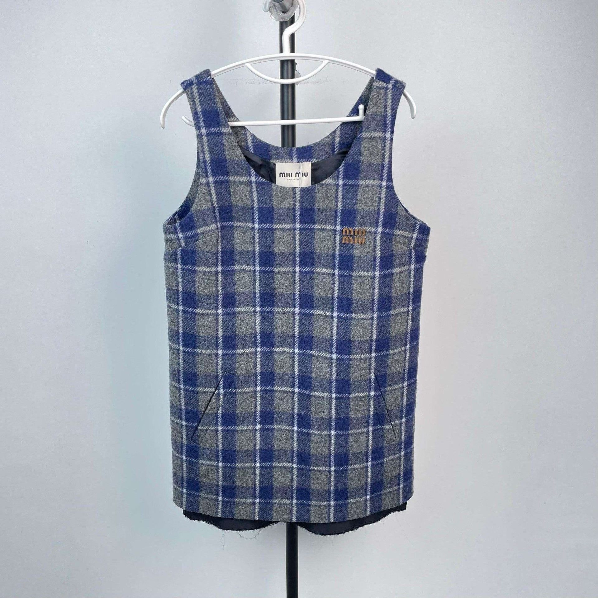 Miu Miu MiuMiu 25SS Blue-Gray Plaid Sleeveless Mini Wool Dress Size S / US 4 / IT 40 - 1 Thumbnail