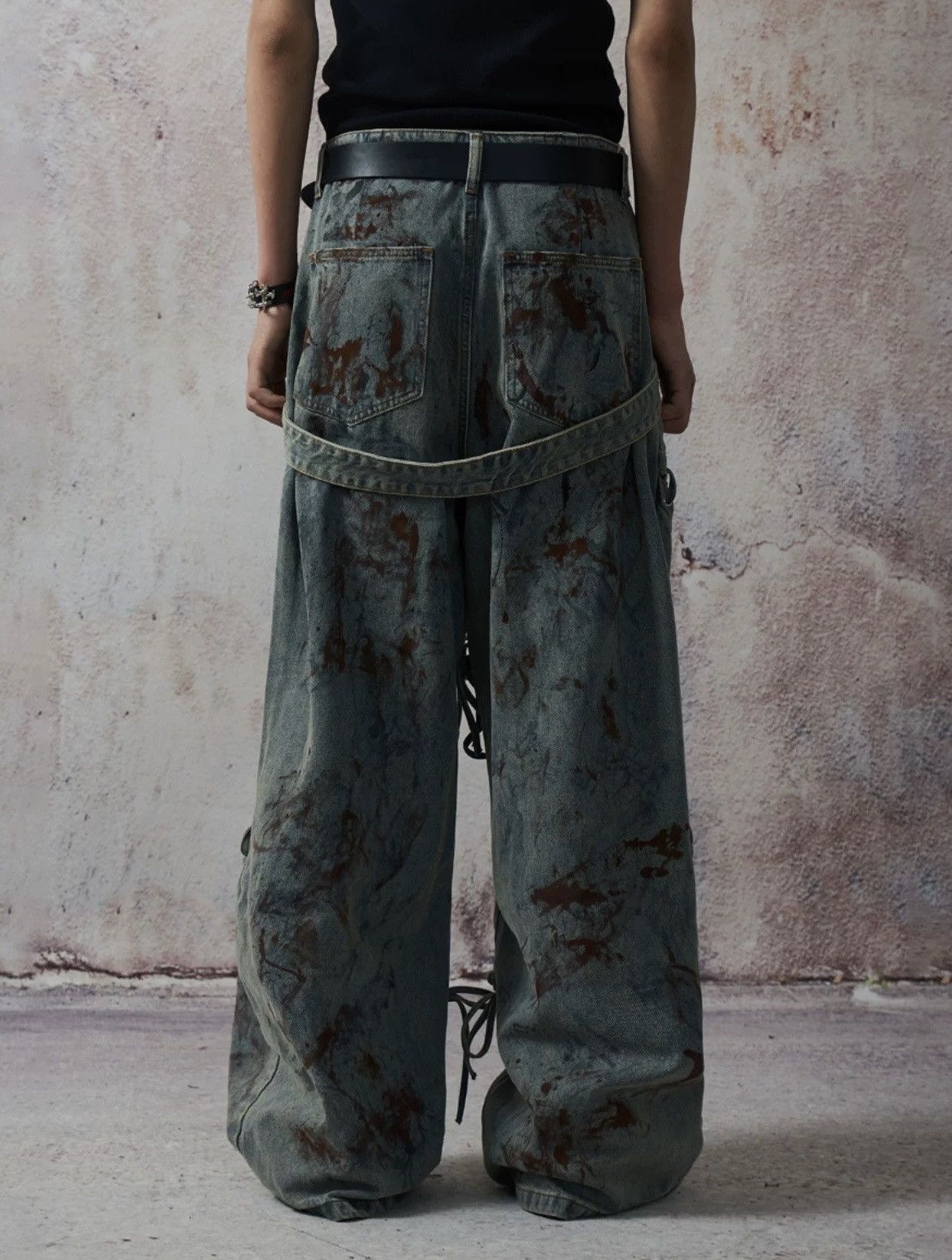 Japanese Brand × Vintage Avant garde paint splash dirty wash lace-up punk jeans Size US 32 / EU 48 - 3 Thumbnail