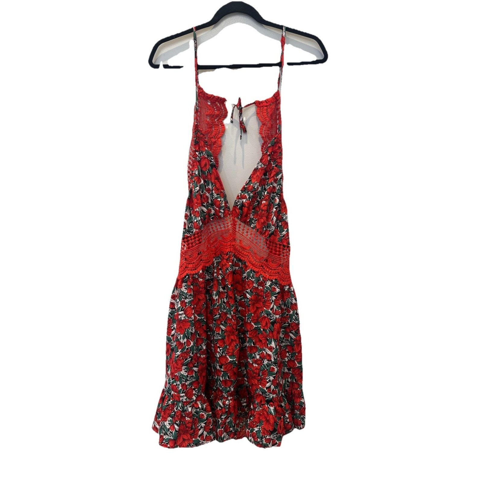 Other Women Red Floral Crochet Lace Halter Backless Mini Sundress Size XL / US 12-14 / IT 48-50 - 1 Thumbnail