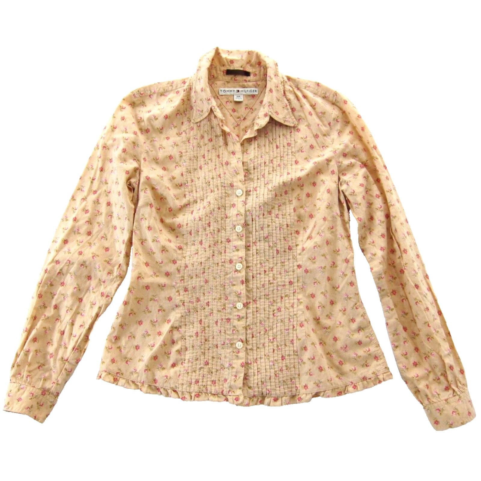 Tommy Hilfiger Tommy Hilfiger Cotton Pink Floral Blouse Small Long Sleeve Button Collar Pleated Ruffle Casual 90s Womens blouse Size S / US 4 / IT 40 - 2 Thumbnail