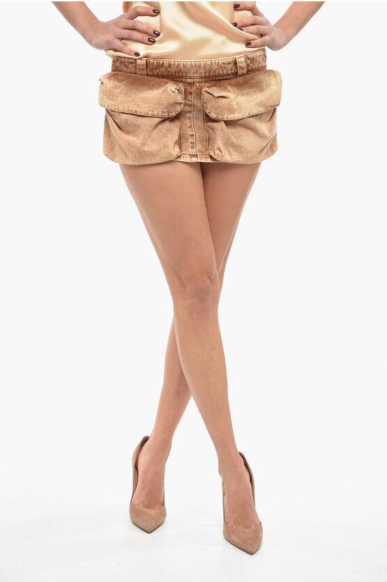 image of Miu Miu Stone Washed Denim Cargo Micro Skirt in Orange, Women's (Size 27)