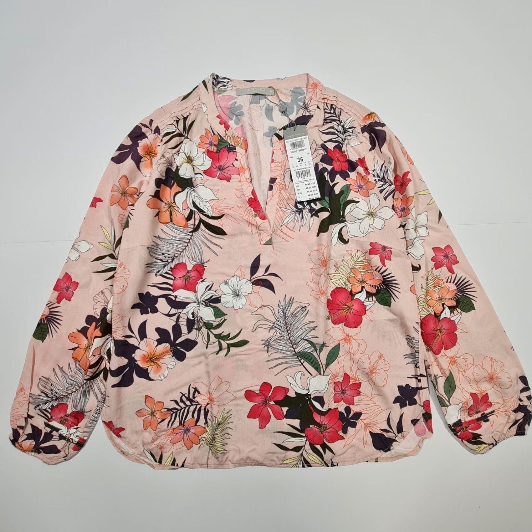 CO Betty & Co Blouse Pink Long Sleeve Henley Logo 100% Viscose Lightweight 10 UK Womens Shirt Regular Floral Size L / US 10 / IT 46 - 2 Thumbnail