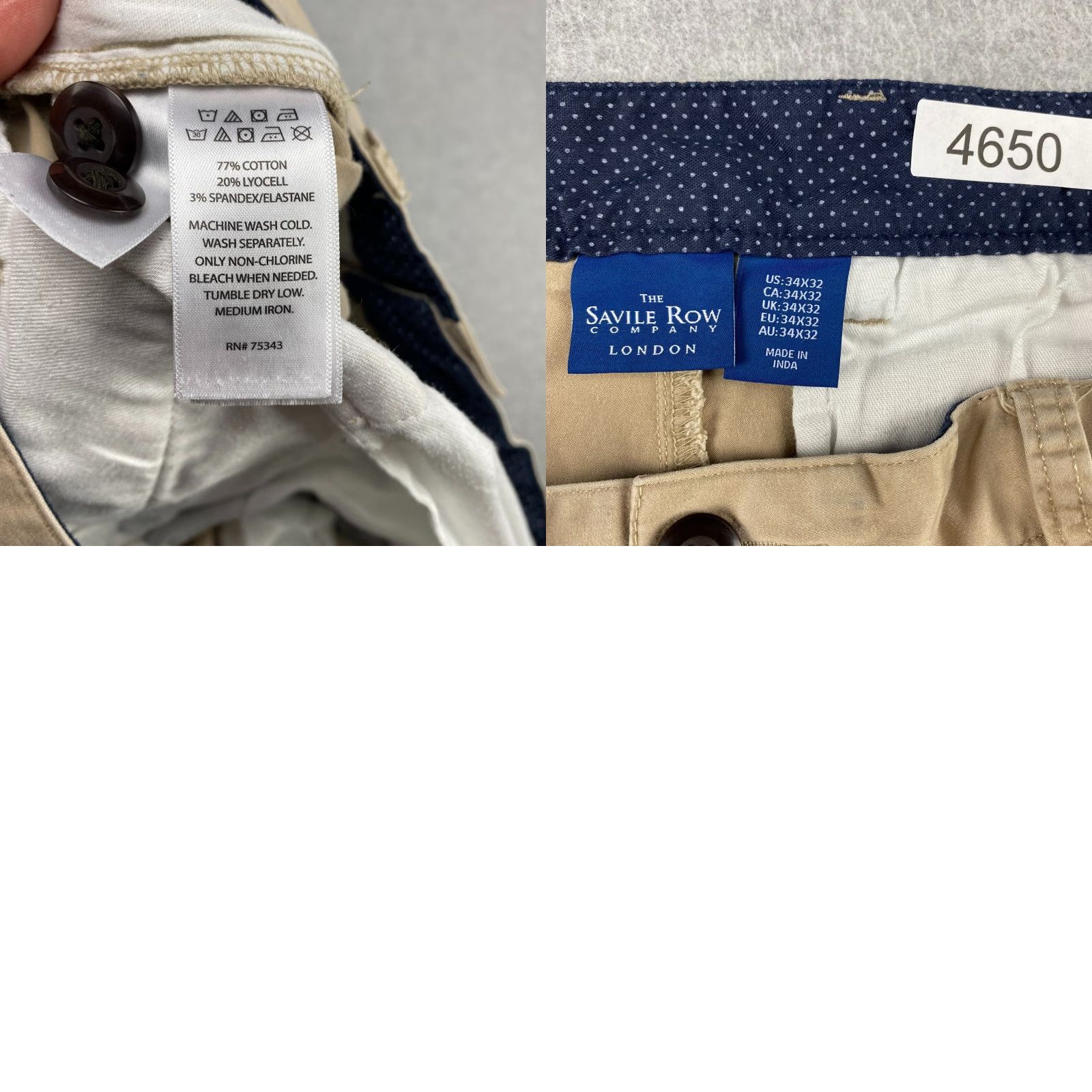 Vintage Savile Row Company London Pants Mens 34 Beige Chino Stretch Pockets Flat Front Regular Fit Slashed Pockets Belt Loops Zip 30 Inseam Size US 34 / EU 50 - 9 Thumbnail
